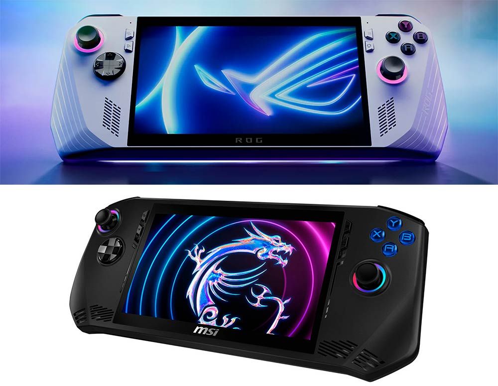 Comparativa visual lado a lado de la MSI Claw (negra) y la ASUS ROG Ally (blanca), mostrando las diferencias en diseño, tamaño y disposición de los controles.