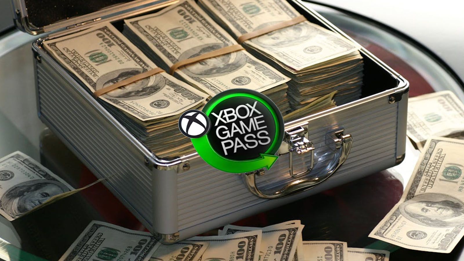 Ilustración conceptual del modelo financiero de Game Pass, con el logo del servicio sobre billetes de dólar.