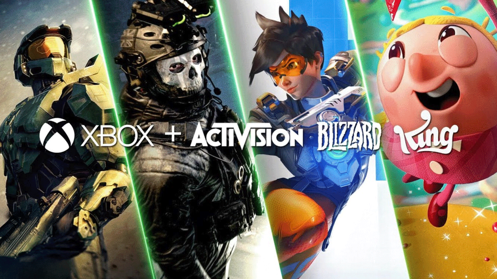 Logos de Activision, Blizzard y Xbox Game Pass, representando la adquisición de la compañía por parte de Microsoft.